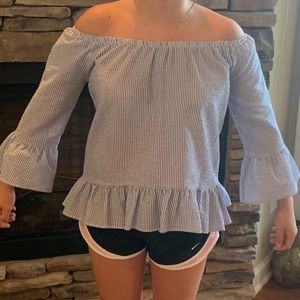 3/4 sleeve off the shoulder seersucker top